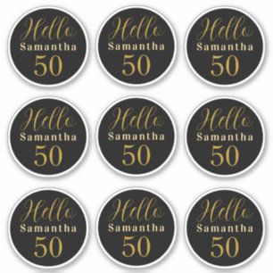 Elegant Hello 50 Black Gold Personalized Birthday Sticker