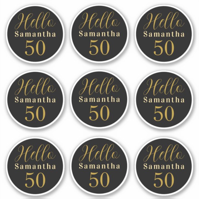 Elegant Hello 50 Black Gold Personalized Birthday Sticker (Front)