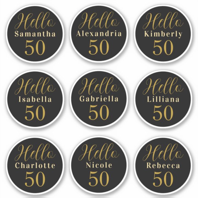 Elegant Hello 50 Black Gold Personalized Names Sticker (Front)
