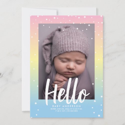 Elegant Hello Baby Pastel Rainbow Photo Birth Announcement