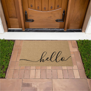 Elegant Hello Welcome Word Art On Faux Burlap Doormat