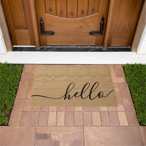 Elegant Hello Welcome Word Art On Faux Burlap Doormat