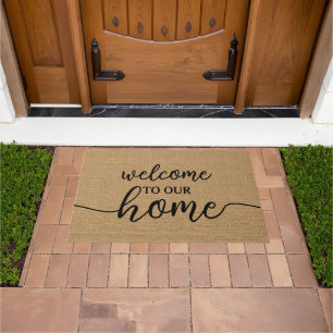 Elegant Hello Welcome Word Art On Faux Burlap Doormat
