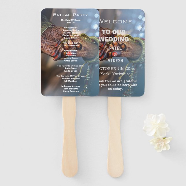 Elegant Henna Indian Wedding Program Hand Fan (Front and Back)