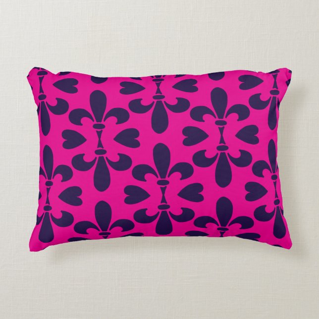 Elegant Heraldic Fleur-de-Lys Pink Blue Patterned Accent Pillow (Front)