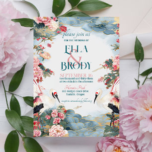 Elegant Heron Peonies with Custom Photo Wedding Invitation