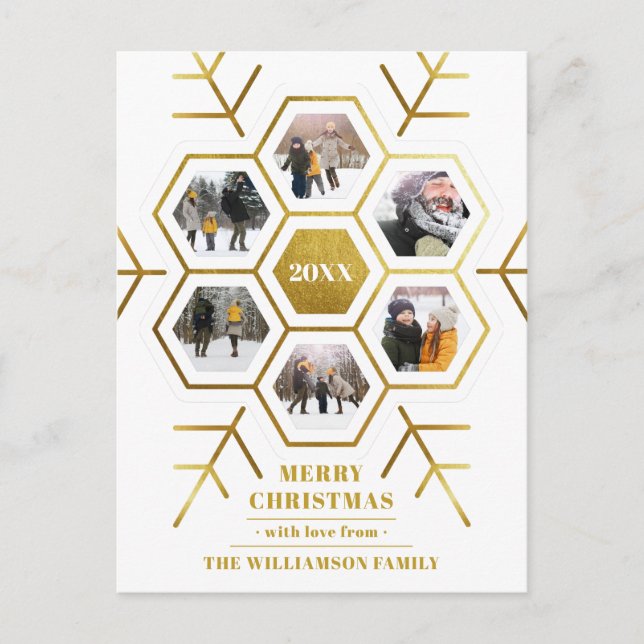 Elegant Hexagon Snowflake Christmas Multi Photo Postcard (Front)