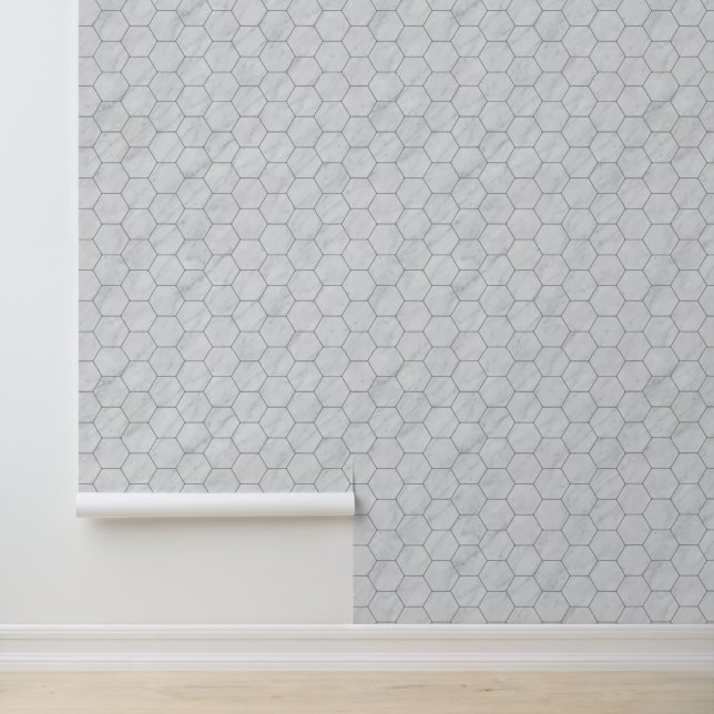 Elegant Hexagonal Gray Marble Geometric Pattern Wallpaper (Application)