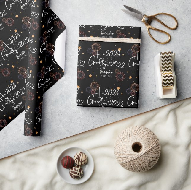 Elegant Hi 20XX Goodbye 20XX New Year Black Wrapping Paper (Crafts)