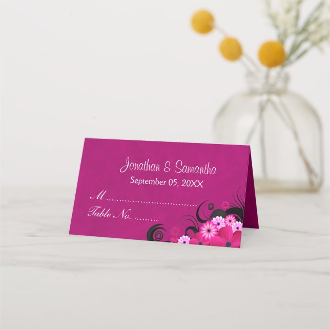 Elegant Hibiscus Floral Dark Fuchsia Folded Table Place Card (Front)