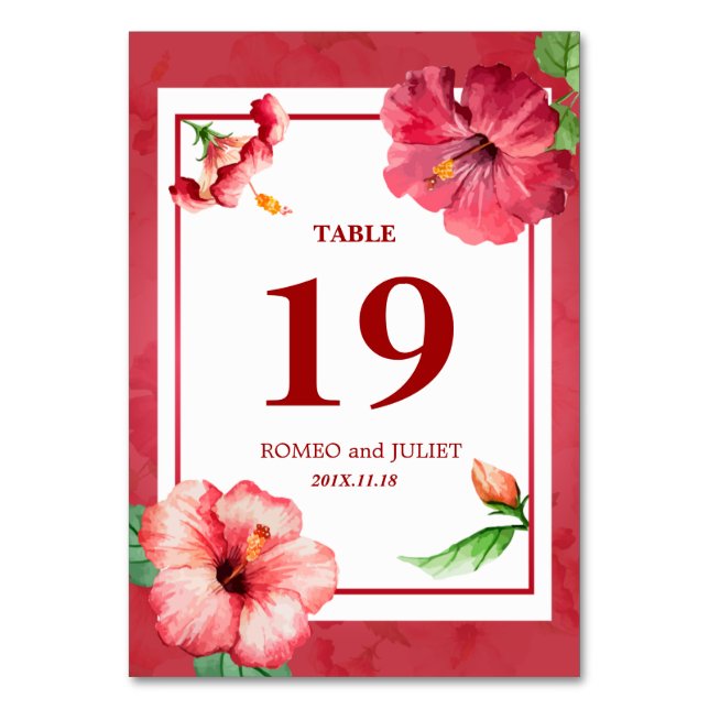 Elegant Hibiscus Floral Wedding Table Number Card (Front)