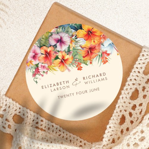 Elegant Hibiscus Flower Tropical Floral Wedding Classic Round Sticker