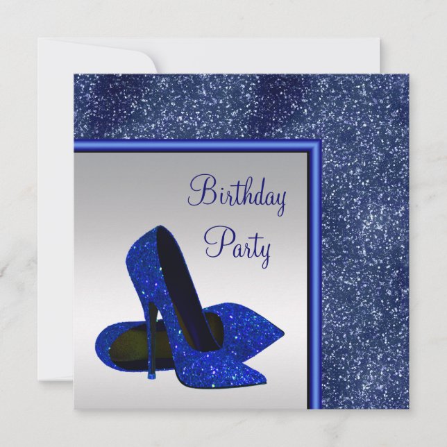 Elegant High Heel Royal Blue Silver Birthday Party Invitation (Front)