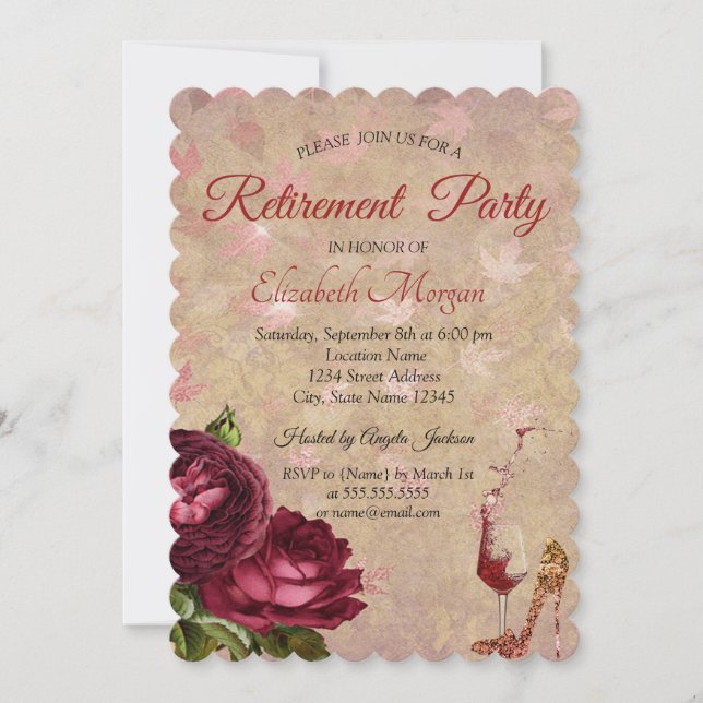 Elegant High Heel, Wine Glass, Roses Retirement  Invitation (Front)