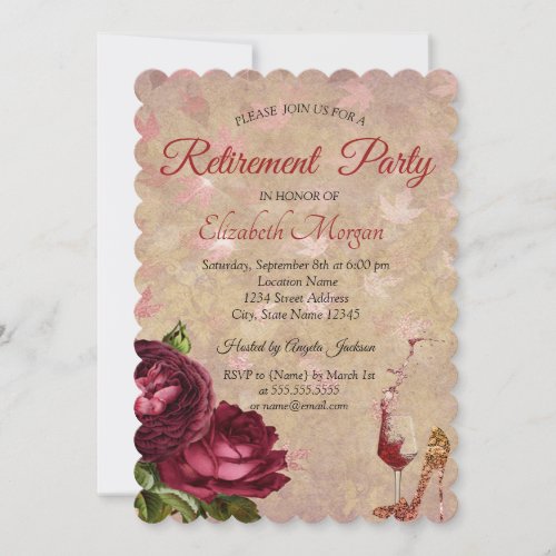 Elegant High Heel Wine Glass Roses Retirement  Invitation