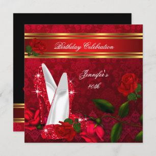 Elegant High Heels Red Rose Black Gold Birthday 2 Invitation