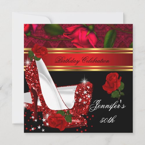 Elegant High Heels Red Rose Black Gold Birthday Invitation