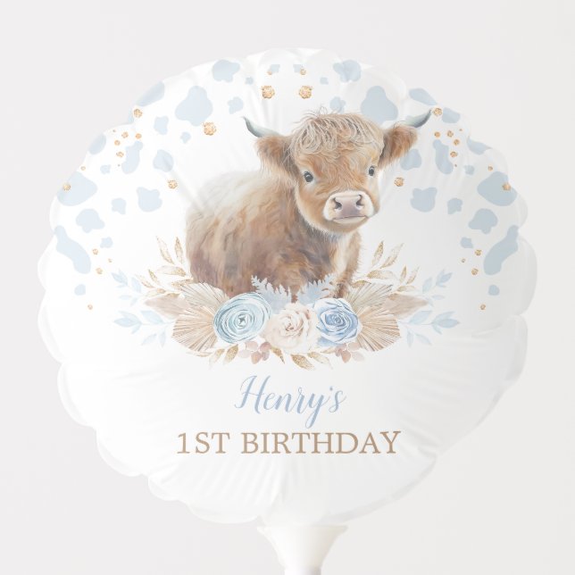 Elegant Highland Cow Boho Pampas Boy Birthday Balloon (Front)