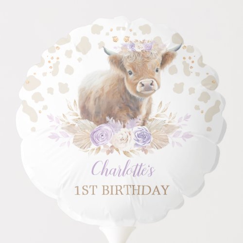 Elegant Highland Cow Boho Purple Girl Birthday Balloon