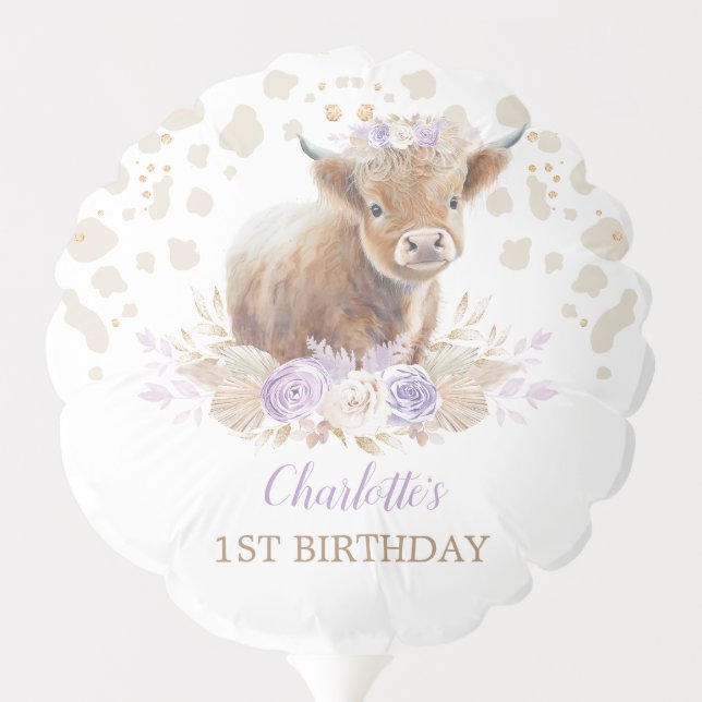 Elegant Highland Cow Boho Purple Girl Birthday Balloon (Back)