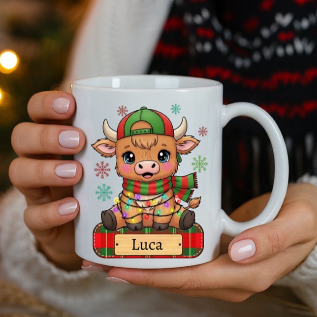 Elegant Highland Cow Personalized Name Christmas Coffee Mug (Creator Uploaded)