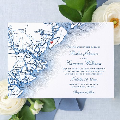 Elegant Hilton Head Island Map Navy Blue Wedding Invitation