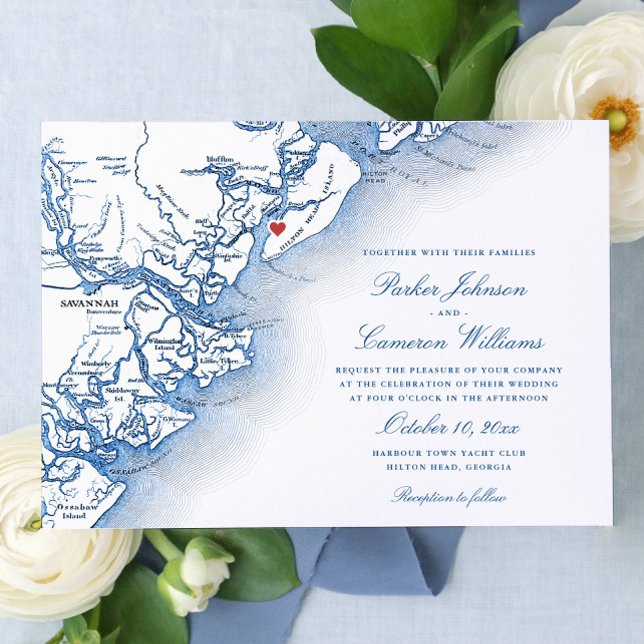 Elegant Hilton Head Island Map Navy Blue Wedding Invitation (Elegant Hilton Head Georgia Map Wedding Invitation with navy blue script by Coastal Map Designs)