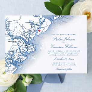 Elegant Hilton Head Island Map Navy Blue Wedding Invitation