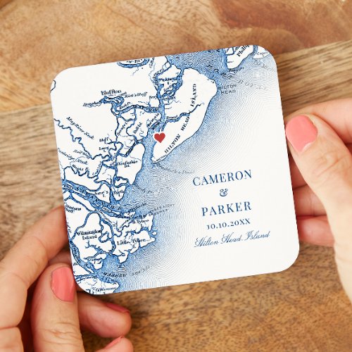 Elegant Hilton Head Island Map Navy Blue Wedding Square Paper Coaster