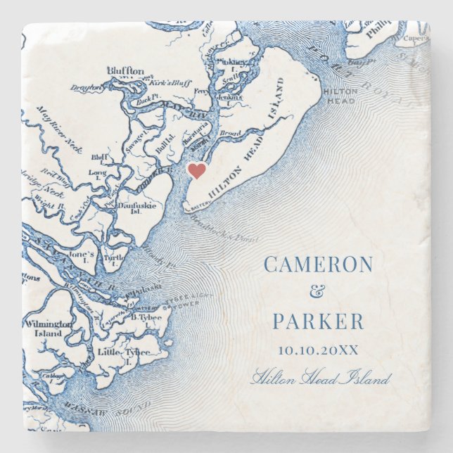 Elegant Hilton Head Island Map Navy Blue Wedding Stone Coaster (Front)