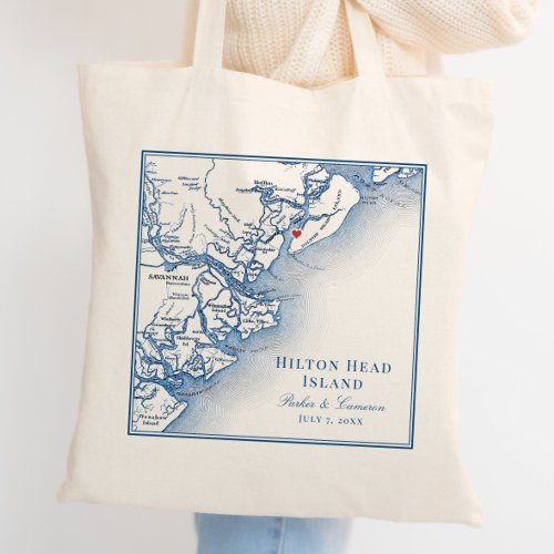 Elegant Hilton Head Map Navy Blue Wedding Tote Bag