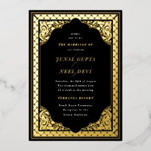Elegant Hindu Ornament Frame Indian Wedding Black Foil Invitation