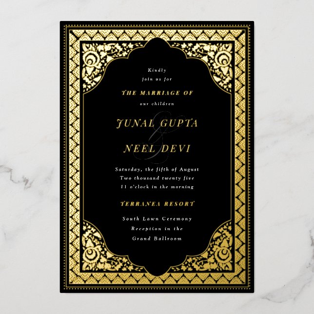 Elegant Hindu Ornament Frame Indian Wedding Black Foil Invitation (Front)
