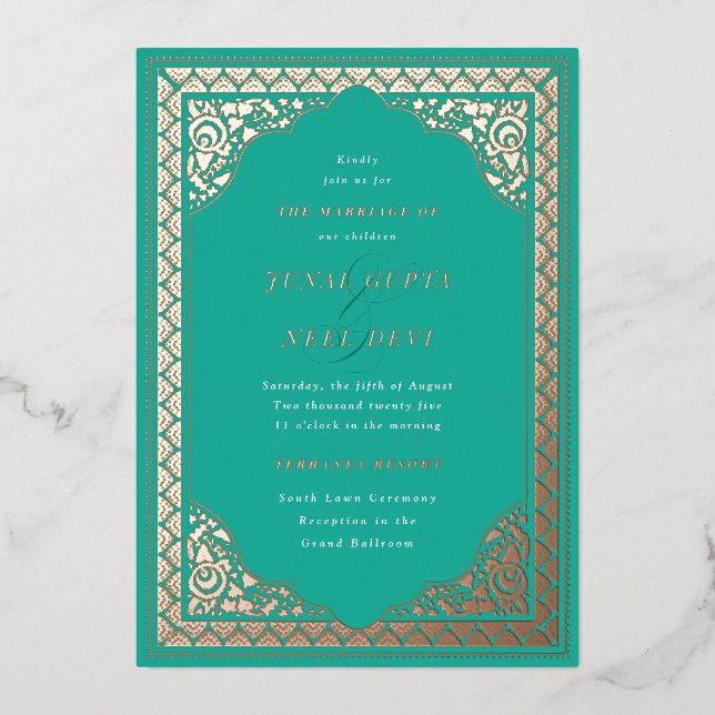 Elegant Hindu Ornament Frame Indian Wedding Foil Invitation (Front)