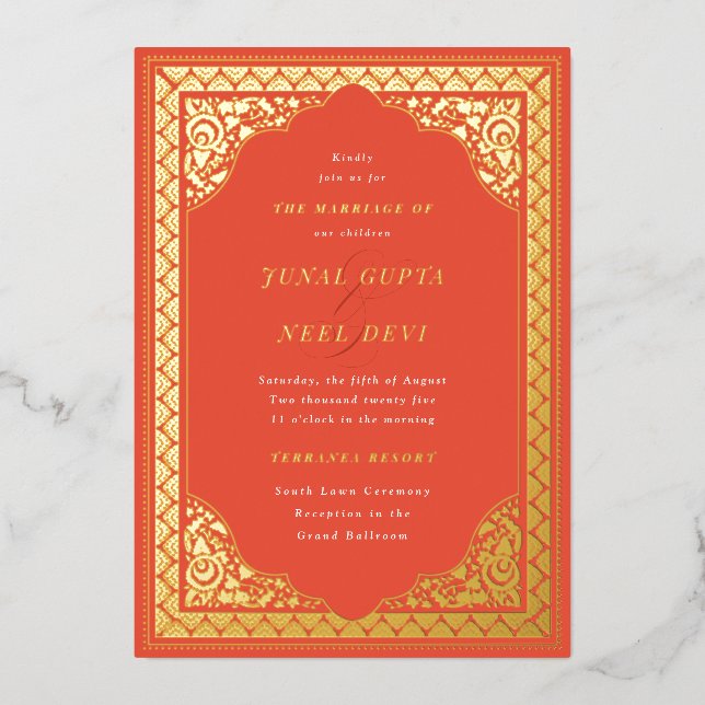 Elegant Hindu Ornament Frame Indian Wedding Foil Invitation (Front)