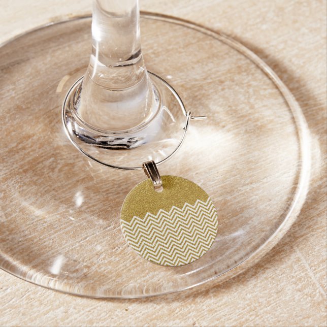 Elegant Hipster Chevron Gold Glitter Photo Print Wine Glass Charm (In Situ)