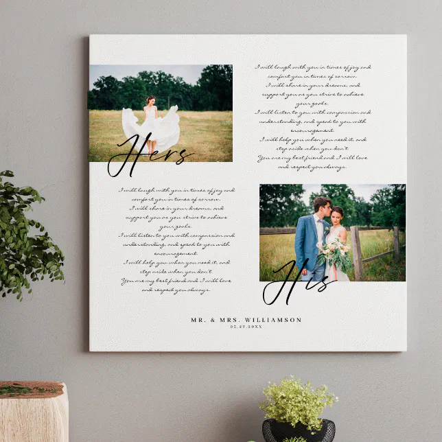 Elegant His & Hers Wedding Vows Minimal Two Photo Canvas Print | Zazzle