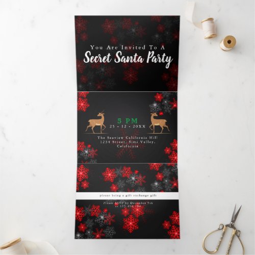 Elegant Ho Red Grey Snowflakes Christmas New Year Tri_Fold Invitation
