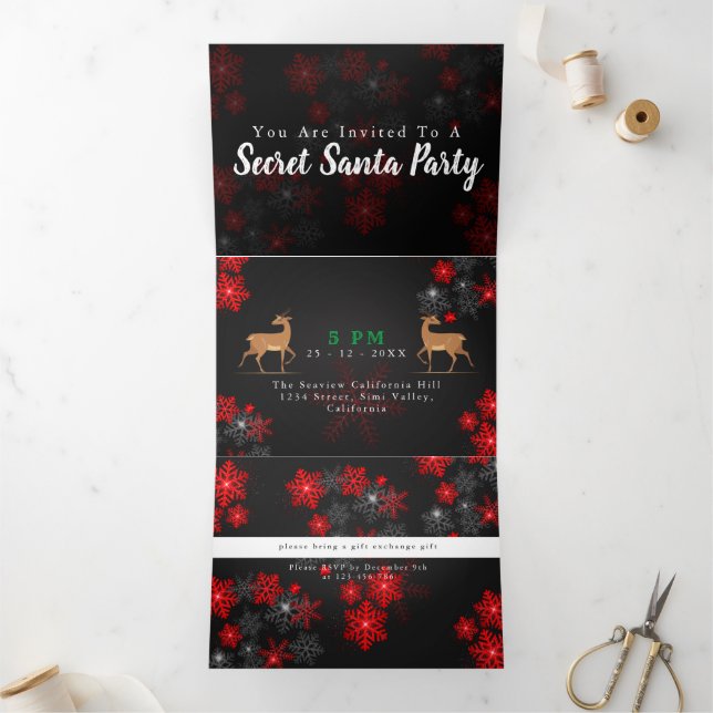 Elegant Ho Red Grey Snowflakes Christmas New Year Tri-Fold Invitation (Inside)