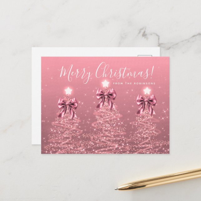 Elegant Holiday Blush Pink Christmas Trees Bows Postcard (Front/Back In Situ)