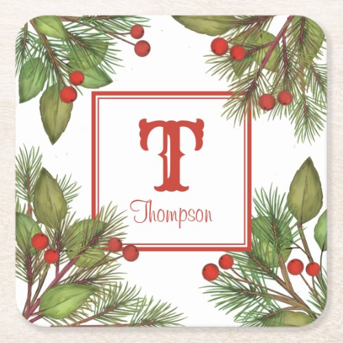 Elegant Holiday Botanical Christmas Monogram Square Paper Coaster