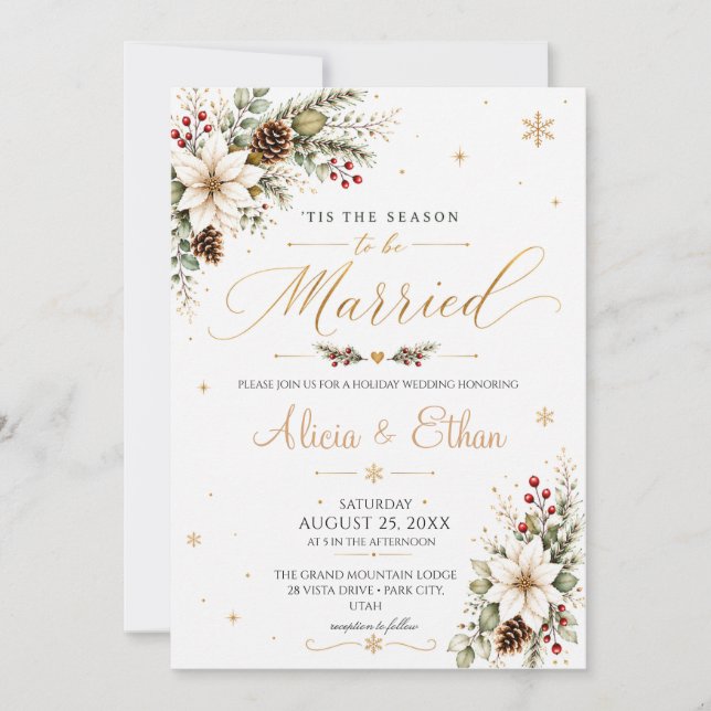 Elegant Holiday Botanical Christmas Wedding Invitation (Front)