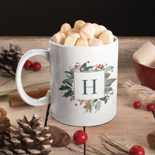 Elegant Holiday Botanical Monogram Two-Tone Coffee Mug