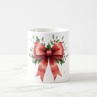 Elegant Holiday Bow with Holly Leaves Design Coffee Mug