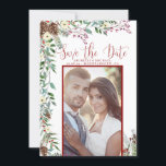 Elegant Holiday Branches Save the Date Photo<br><div class="desc">Elegant Holiday Branches Save the Date Photo Card with delicate Watercolor Pine Garland and your vertical photo on a festive background of pine cones,  winter berries,  and flowers.</div>