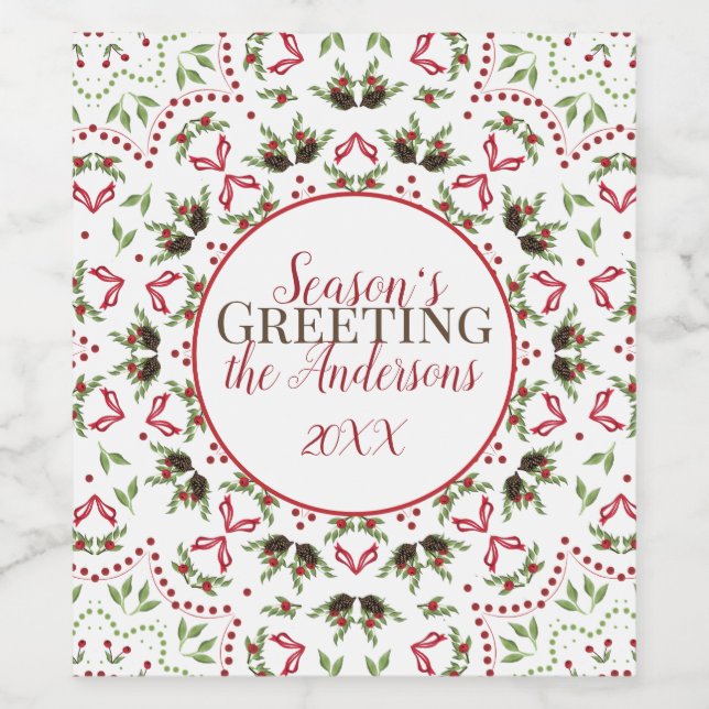 Elegant Holiday Christmas Artistic Greenery Family Wine Label (Single Label)