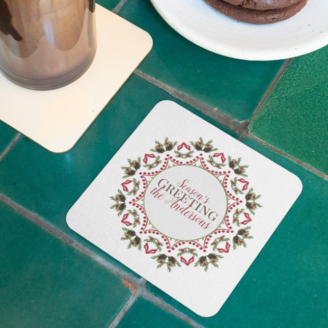 Elegant Holiday Circle Mandala Christmas Name Beverage Coaster (Season' Greetings holiday greenery paper coaster)