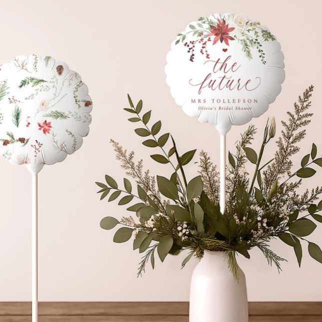 Elegant Holiday December Christmas Bridal Shower Balloon (Elegant winter bridal shower balloon with watercolor red and green floral holiday design.)
