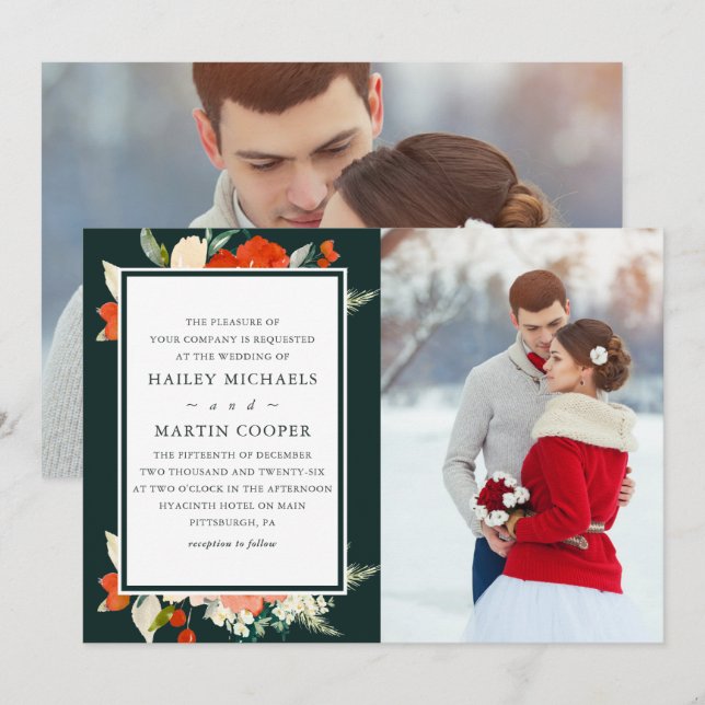 Elegant Holiday Floral Christmas Wedding Photo Invitation (Front/Back)
