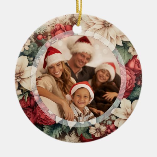 Elegant Holiday Floral Photo Ceramic Ornament